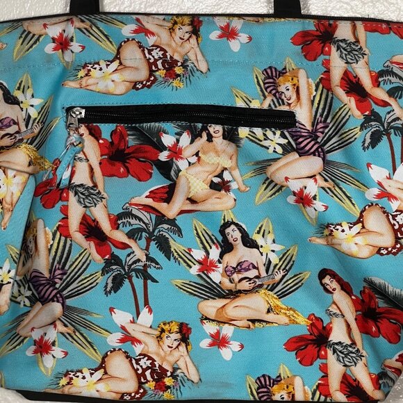 Vintage-Inspired Hawaiian Pin-Up Girl Print Tote Bag Zipper Pockets &  Pouch - Picture 3 of 15